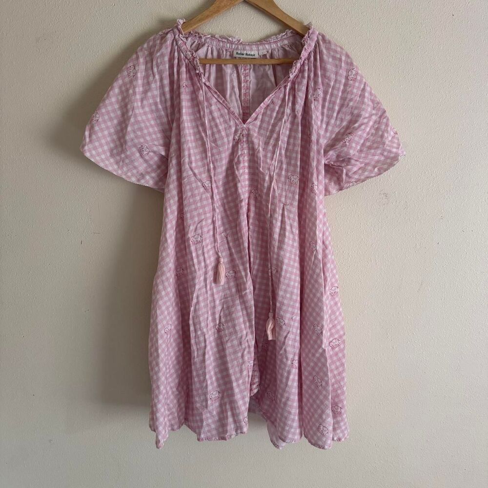 Roller Rabbit Pink Gingham Elephant Tunic Dress L Cotton Tassel Boho Mini